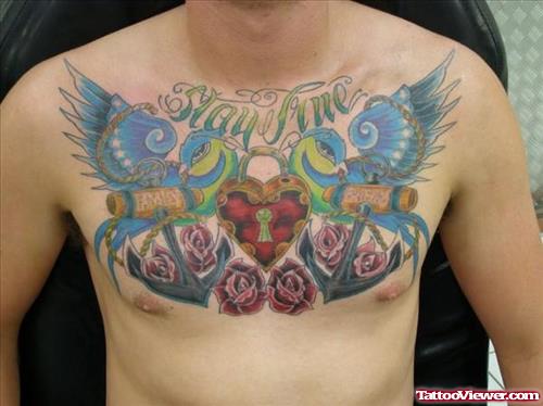 Flying Birds Lock Heart And Anchor Chest Tattoo