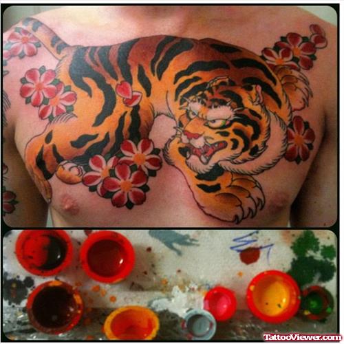 Chinese Tiger Color Ink Chest Tattoo
