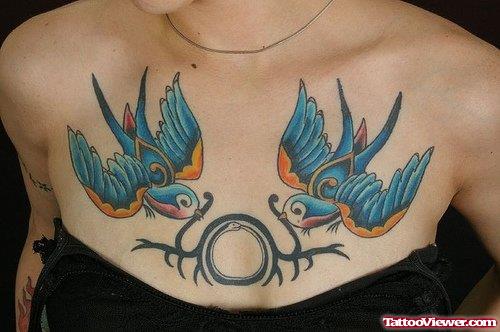 Blue Ink Birds Flying Chest Tattoo