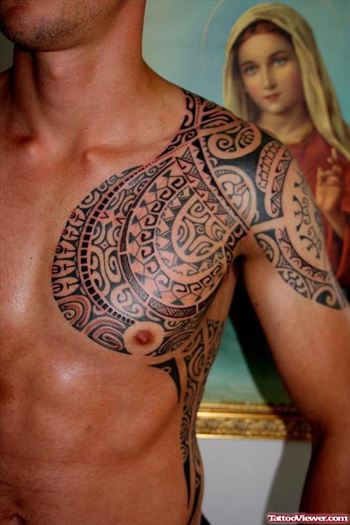 Man With Polynesian Chest Tattoo For Men