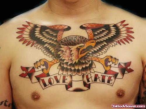 Hawk With Love Hate Banner Chest Tattoo