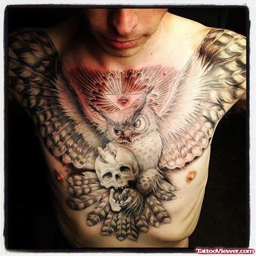 Grey Skull And Open Wings Owl Chest Tattoo