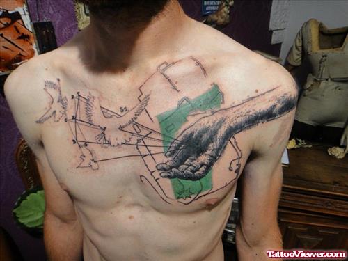 Grey Ink Hand And Outline Flying Birds Chest Tattoo
