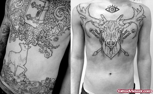 Grey Ink Deer Head Chest Tattoo For Men