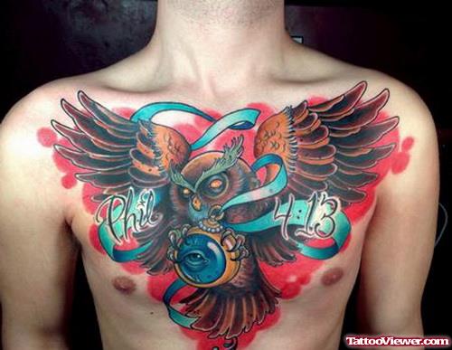 Colored Owl with Eye Chest Tattoo
