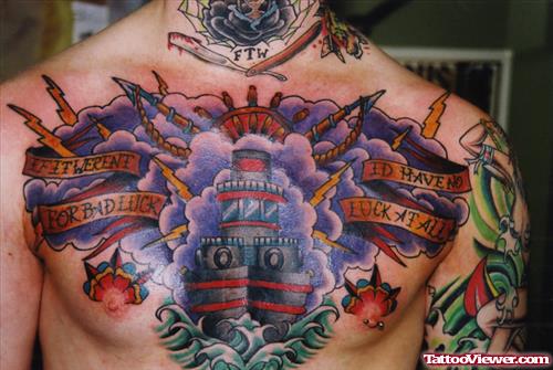 Colored Ink Lighthouse With Banners Chest Tattoo