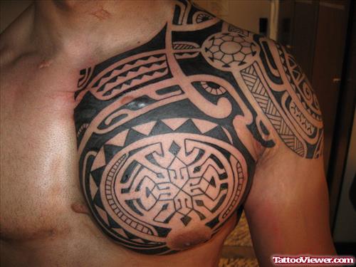 Black Ink Samoan Left Chest Tattoo