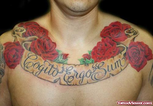 Red Rose Flowers And Banner Chest Tattoo