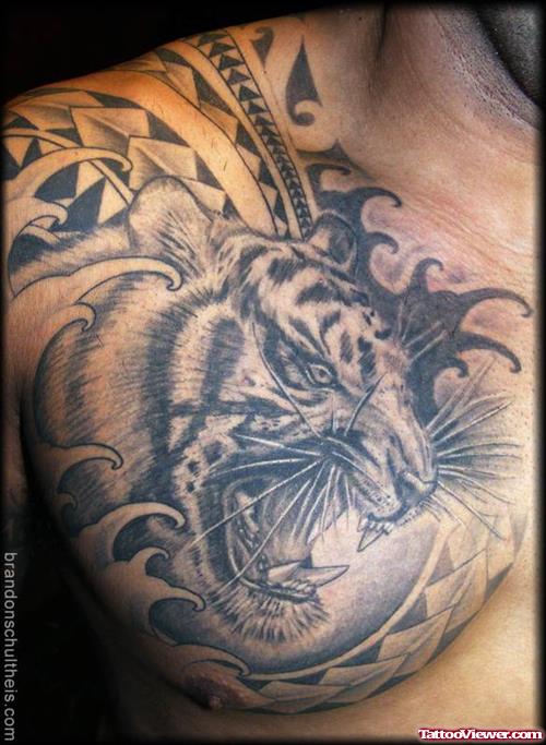 Grey Ink Roaring Tiger Head Chest Tattoo