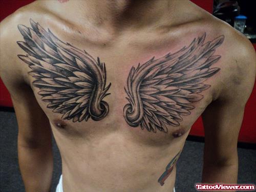 Grey Ink angel Wings Chest Tattoo