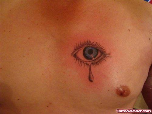 Colored Ink Eyelashed Crying Eye With Tear Drop Chest Tattoo