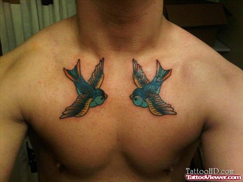 Blue Ink flying Birds Tattoos On Chest