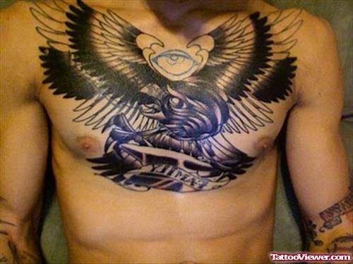 Black Ink Eagle And Eye Chest Tattoo