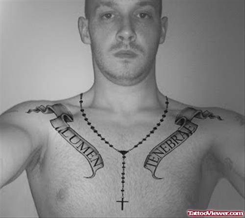 Banners Grey Ink Chest Tattoo