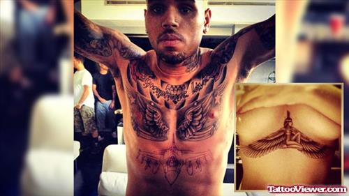 Angel Wings And Diamond Chest Tattoo