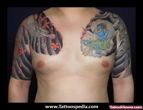 Yakuza and Dragon Color Ink Chest Tattoo