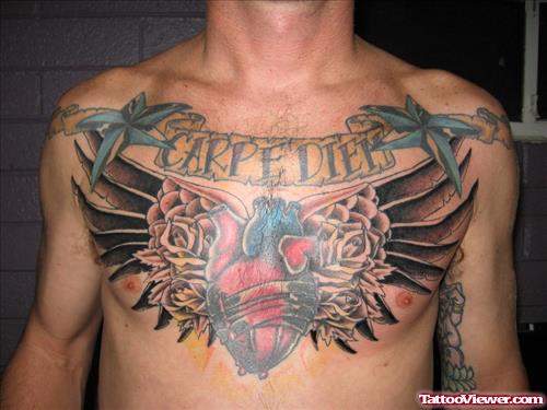Nautical Stars With Carpe Diem Banner And Winged Heart Chest Tattoo