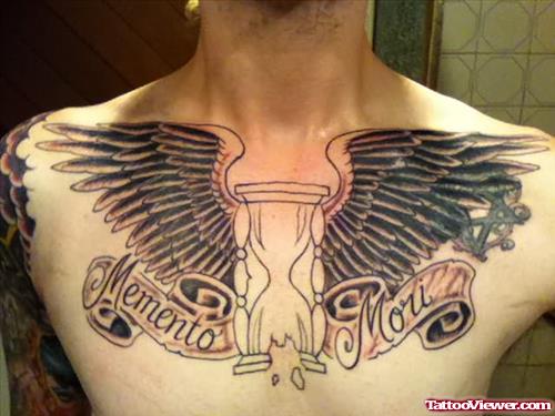 Grey Ink Winged Hourglass Chest Tattoo For Men