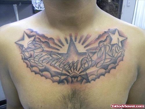 Grey Ink Stars Chest Tattoo For Men