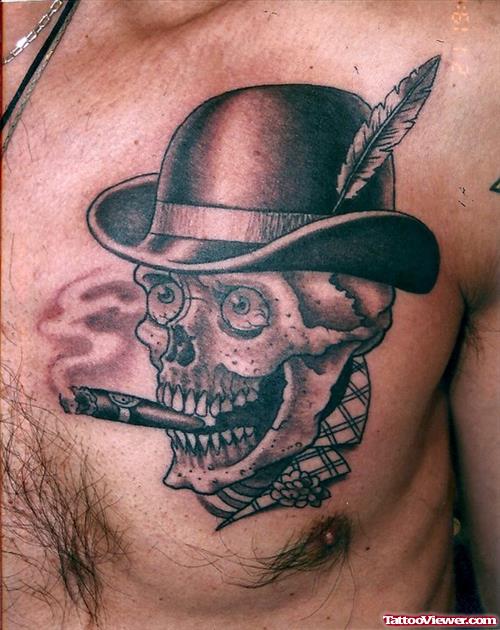 Grey Ink Skull With Hat Smoking Chest Tattoo