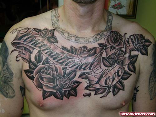 Grey Ink Rose Flowers And Unconditional Love Banner Chest Tattoo