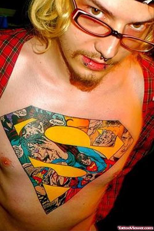 Colorful Superman Logo Chest Tattoo