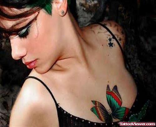 Amazing Colored Butterfly Chest Tattoo