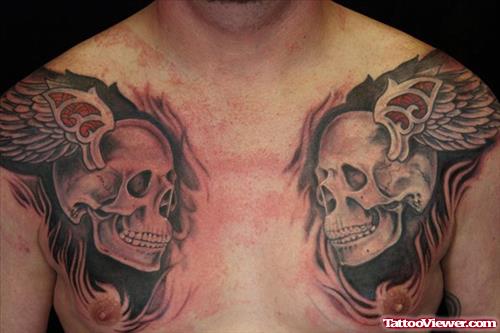 Winged Skulls Chest Tattoo For Men