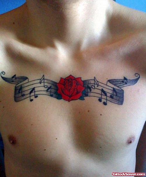 Music Notes And Red Rose Chest Tattoo