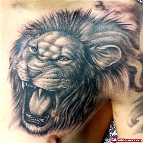 Grey Ink Roaring Lion Head Chest Tattoo