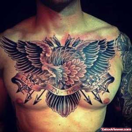 Grey Ink Flying Hawk With Arrows And Banner Chest Tattoo
