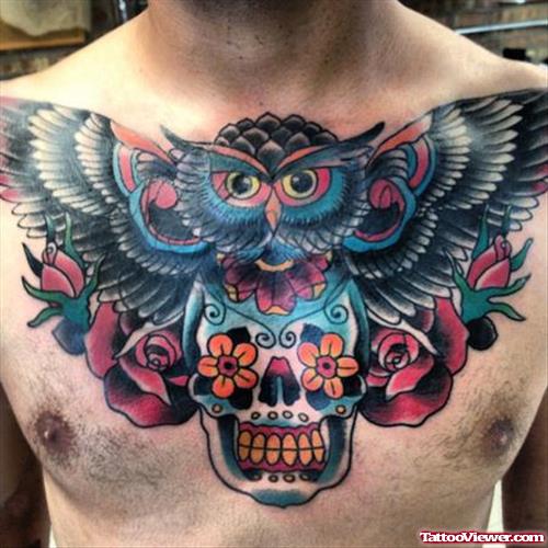 Colored Ink Owl With Skull And Rose Flowers Chest Tattoo