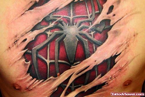 Colored Ink 3D Spider Chest Tattoo