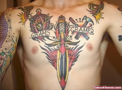 Colored Dagger Chest Tattoo