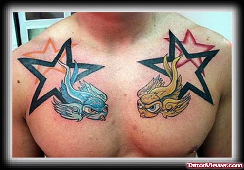 Colored Birds And Stars Chest Tattoo