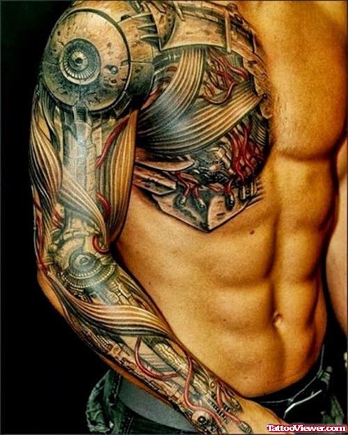 Biomechanical Grey Ink Chest And Sleeve Tattoo