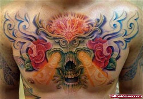 Skull And Rose Chest Tattoo For Men