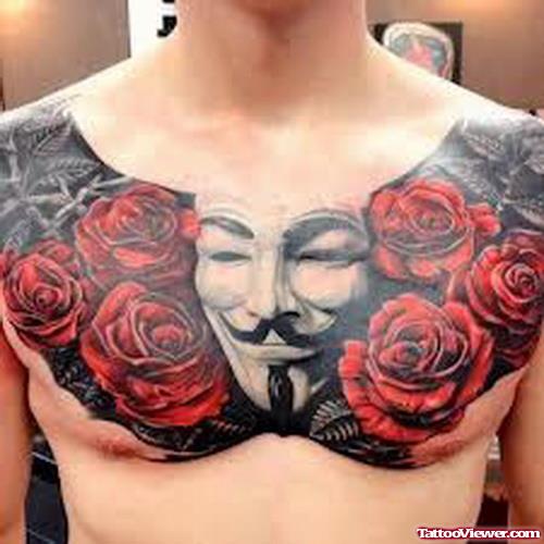 Red Roses And Joker Head Chest Tattoo