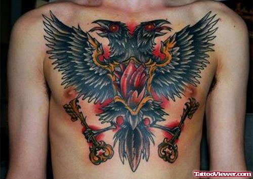 Red Heart With Eagles And Keys Chest Tattoo
