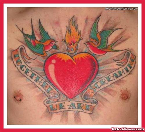 Red Heart And Flying Birds Chest Tattoo