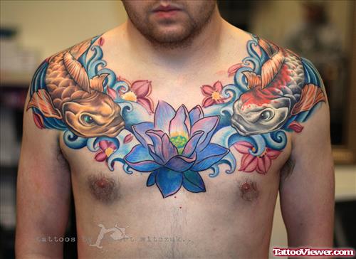 Koi Fish And Colored Lotus Flower Chest Tattoo