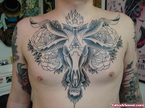 Grey Ink Flowers And Bull Head Chest Tattoo