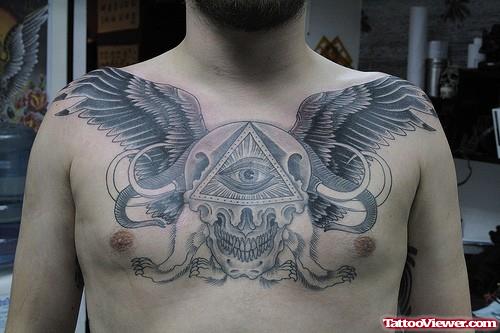 Grey ink Einged Skull Chest Tattoo