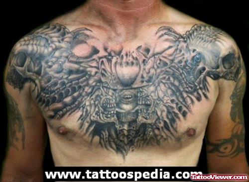 Biomechanical Grey Ink Chest Tattoo For Men