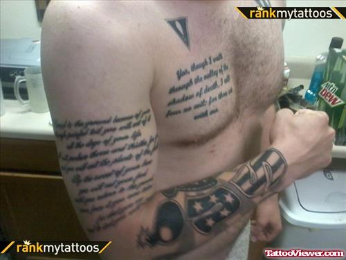Script Tattoo On Chest And Bicep