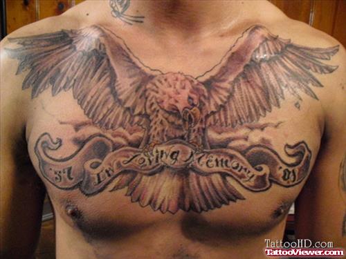 Large Flying Eagle And Banner Chest Tattoo