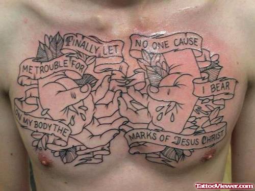 Grey Ink Hands With Banners Chest Tattoo