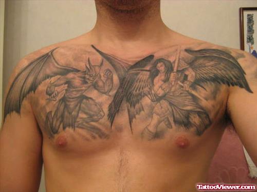 Grey Ink Devil And Angel Chest Tattoo For Men