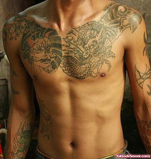 Demon And Dragon Chest Tattoos