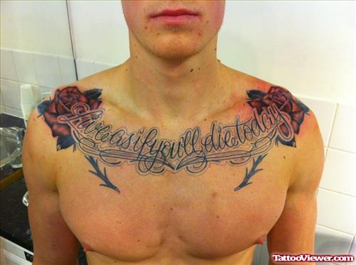 Red Rose Flowers And Chest Lettering Tattoo